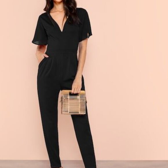 SHEIN | Slant Pocket Burgundy V-Neck Flutter Sleeve Jumpsuit - 4 - Picture 7 of 7